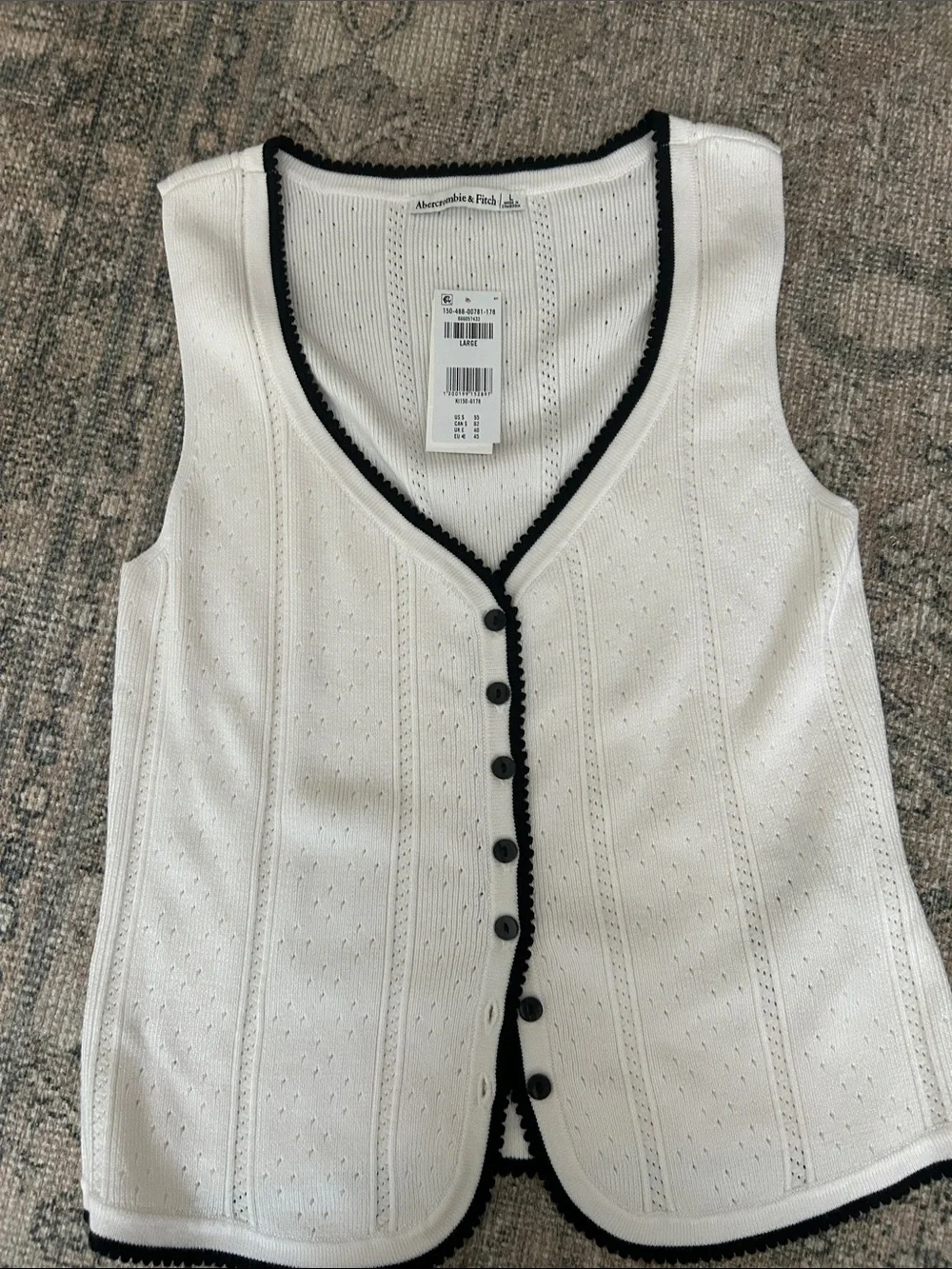 Abercrombie & Fitch White Sleeveless Button-Front Knit Tank with Black Trim